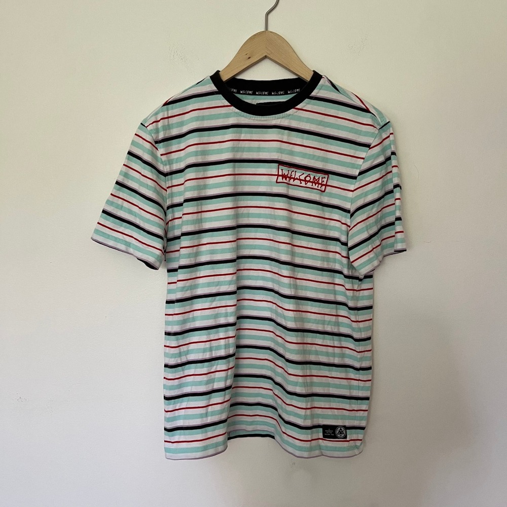 Welcome Skateboards Striped T-Shirt Mens Medium Multi Color Embroidered Logo Tee